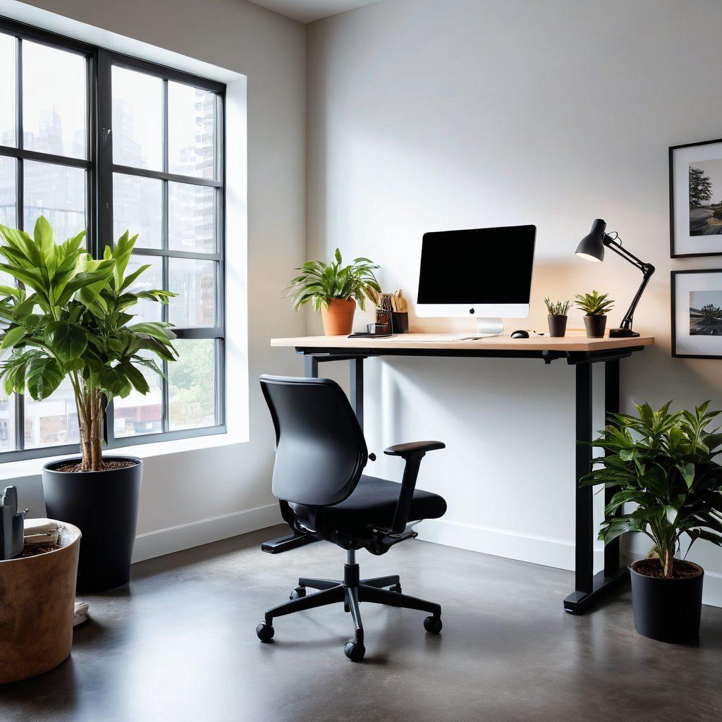 A modern workspace showcasing a sleek, user-friendly Mohawk lift in action, surrounded by vibrant, organized tools and equipment. Include an ergonomic desk with a computer, sunlight streaming through a window, and a plant for a touch of nature. The scene reflects innovation and efficiency, inviting viewers to envision a transformed work environment. super-realistic. vibrant colors. bright ambiance.