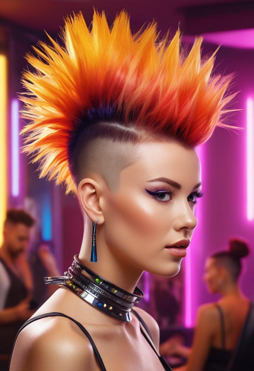A dynamic scene showcasing innovative mohawk hairstyles being lifted with futuristic tools, surrounded by joyful individuals with vibrant expressions. The background features a lively salon atmosphere, with colorful lights and stylish decor, emphasizing creativity and transformation. Highlight the innovative lifting techniques with illustrative arrows and diagrams. super-realistic. vibrant colors. modern aesthetic.